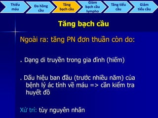 Tăng bạch cầu
Ngoài ra: tăng PN đơn thuần còn do:
. Dạng di truyền trong gia đình (hiếm)
. Dấu hiệu ban đầu (trước nhiều năm) của
bệnh lý ác tính về máu => cần kiểm tra
huyết đồ
Xử trí: tùy nguyên nhân
Thiếu
máu
Đa hồng
cầu
Tăng
bạch cầu
Giảm
bạch cầu
lympho
Tăng tiểu
cầu
Giảm
tiểu cầu
 