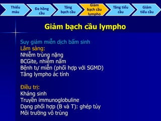 Giảm bạch cầu lympho
Suy giảm miễn dịch bẩm sinh
Lâm sàng:
Nhiễm trùng nặng
BCGite, nhiễm nấm
Bệnh tự miễn (phối hợp với SGMD)
Tăng lympho ác tính
Điều trị:
Kháng sinh
Truyền immunoglobuline
Dạng phối hợp (B và T): ghép tủy
Môi trường vô trùng
Thiếu
máu
Đa hồng
cầu
Tăng
bạch cầu
Giảm
bạch cầu
lympho
Tăng tiểu
cầu
Giảm
tiểu cầu
 