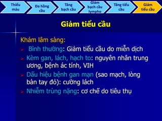 Giảm tiểu cầu
Khám lâm sàng:
 Bình thường: Giảm tiểu cầu do miễn dịch
 Kèm gan, lách, hạch to: nguyên nhân trung
ương, bệnh ác tính, VIH
 Dấu hiệu bệnh gan mạn (sao mạch, lòng
bàn tay đỏ): cường lách
 Nhiễm trùng nặng: cơ chế do tiêu thụ
Thiếu
máu
Đa hồng
cầu
Tăng
bạch cầu
Giảm
bạch cầu
lympho
Tăng tiểu
cầu
Giảm
tiểu cầu
 
