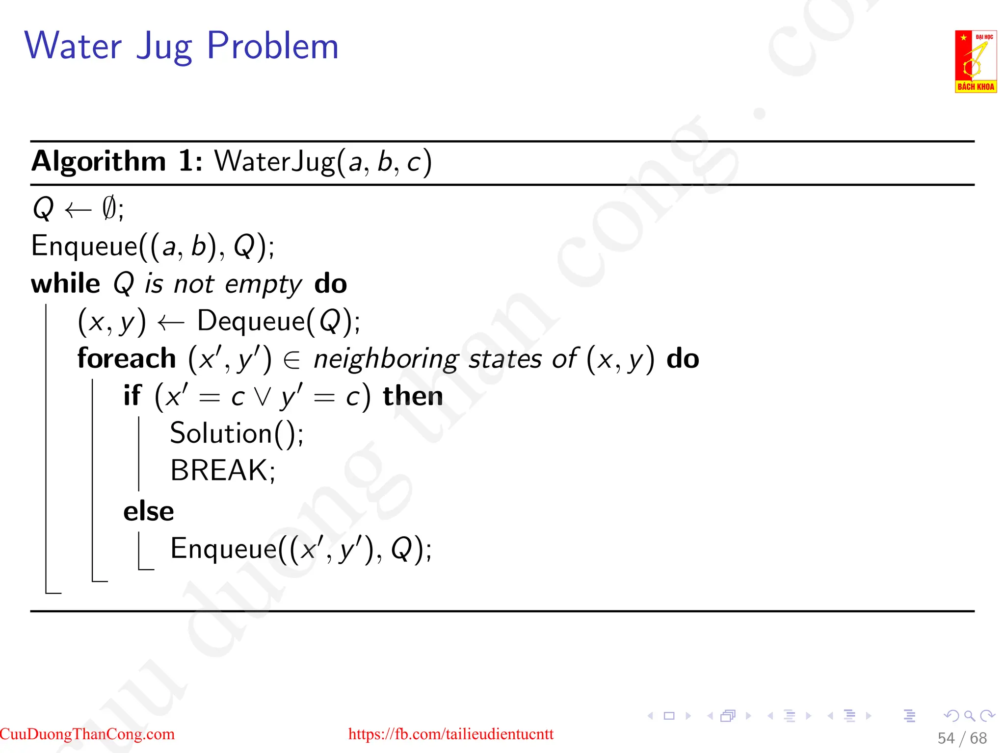 Water Jug Problem
Algorithm 1: WaterJug(a, b, c)
Q ← ∅;
Enqueue((a, b), Q);
while Q is not empty do
(x, y) ← Dequeue(Q);
foreach (x0, y0) ∈ neighboring states of (x, y) do
if (x0 = c ∨ y0 = c) then
Solution();
BREAK;
else
Enqueue((x0, y0), Q);
54 / 68
CuuDuongThanCong.com https://fb.com/tailieudientucntt
u
d
u
o
n
g
t
h
a
n
c
o
n
g
.
c
o
 