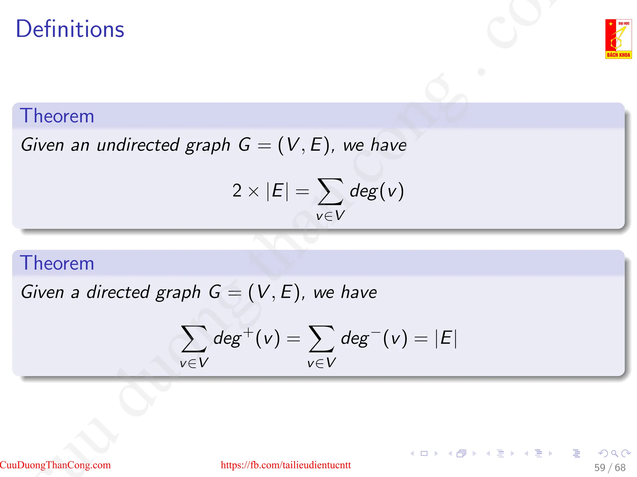 Definitions
Theorem
Given an undirected graph G = (V , E), we have
2 × |E| =
X
v∈V
deg(v)
Theorem
Given a directed graph G = (V , E), we have
X
v∈V
deg+
(v) =
X
v∈V
deg−
(v) = |E|
59 / 68
CuuDuongThanCong.com https://fb.com/tailieudientucntt
u
d
u
o
n
g
t
h
a
n
c
o
n
g
.
c
o
 