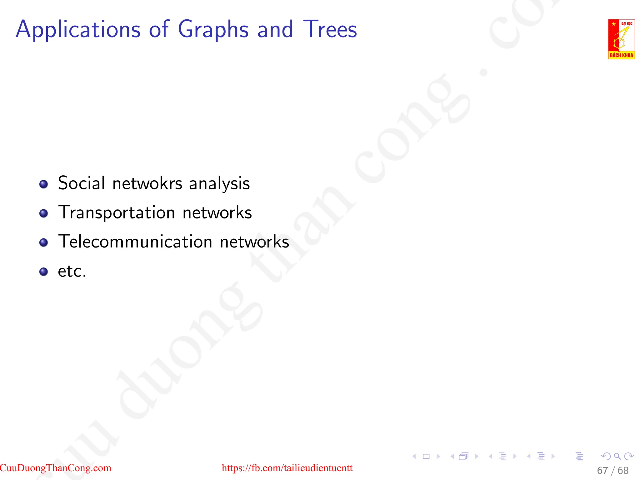 Applications of Graphs and Trees
Social netwokrs analysis
Transportation networks
Telecommunication networks
etc.
67 / 68
CuuDuongThanCong.com https://fb.com/tailieudientucntt
u
d
u
o
n
g
t
h
a
n
c
o
n
g
.
c
o
 