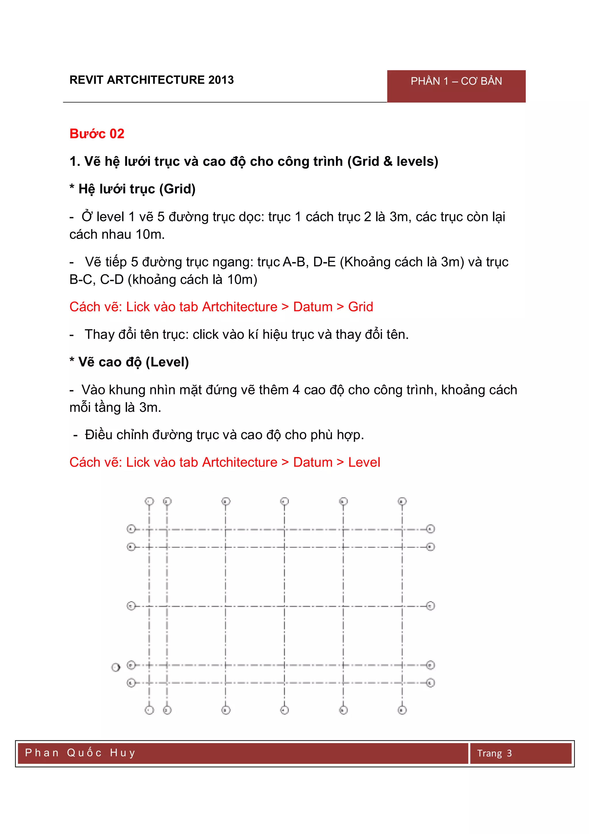 REVIT ARTCHITECTURE 2013 PHẦN 1 – CƠ BẢN
P h a n Q u ố c H u y Trang 3
Bước 02
1. Vẽ hệ lưới trục và cao độ cho công trình (Grid & levels)
* Hệ lưới trục (Grid)
- Ở level 1 vẽ 5 đường trục dọc: trục 1 cách trục 2 là 3m, các trục còn lại
cách nhau 10m.
- Vẽ tiếp 5 đường trục ngang: trục A-B, D-E (Khoảng cách là 3m) và trục
B-C, C-D (khoảng cách là 10m)
Cách vẽ: Lick vào tab Artchitecture > Datum > Grid
- Thay đổi tên trục: click vào kí hiệu trục và thay đổi tên.
* Vẽ cao độ (Level)
- Vào khung nhìn mặt đứng vẽ thêm 4 cao độ cho công trình, khoảng cách
mỗi tầng là 3m.
- Điều chỉnh đường trục và cao độ cho phù hợp.
Cách vẽ: Lick vào tab Artchitecture > Datum > Level
 