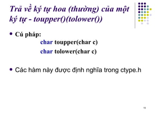 Trả về ký tự hoa (thường) của một ký tự - toupper()(tolower()) Cú pháp: char  toupper(char c) char  tolower(char c) Các hàm này được định nghĩa trong ctype.h 