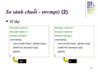 So sánh chuỗi - strcmp()  (2) Ví dụ: #include <conio.h> #include <stdio.h> #inlude <string.h> void  main(){ char  s1[10]=“Chao”, s2[10]=“chao”; printf(“%d”,strcmp(s1,s2)); getch(); } -32 #include <conio.h> #include <stdio.h> #inlude <string.h> void  main(){ char  s1[10]=“chao”, s2[10]=“chao”; printf(“%d”,strcmp(s1,s2)); getch(); } 0 