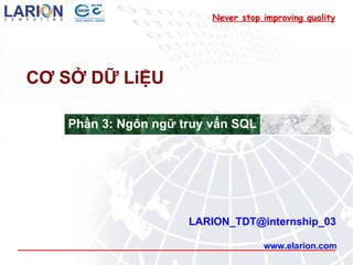 www.elarion.com CƠ SỞ DỮ LiỆU [email_address] Never stop improving quality Phần 3: Ngôn ngữ truy vấn SQL 