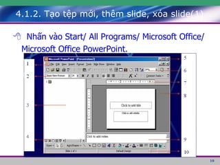4.1.2. Tạo tệp mới, thêm slide, xóa slide(1)     Nhấn vào Start/ All Programs/ Microsoft Office/ Microsoft Office PowerPoint. 