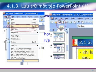 4.1.3. Lưu trữ một tệp PowerPoint (1) - Khi lưu một tệp PowerPoint, có các cách sau: + Nhấn phím F2. + Nhấp vào File, chọn Save hoặc Save As. + Nhấn vào nút Save trên thanh công cụ. 