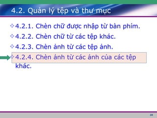 4.2. Quản lý tệp và thư mục 4.2.1. Chèn chữ được nhập từ bàn phím. 4.2.2. Chèn chữ từ các tệp khác. 4.2.3. Chèn ảnh từ các tệp ảnh. 4.2.4. Chèn ảnh từ các ảnh của các tệp khác. 