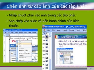 Chèn ảnh từ các ảnh của các tệp khác - Nhấp chuột phải vào ảnh trong các tệp phải. - Sao chép vào slide và tiến hành chỉnh sửa kích thước. 