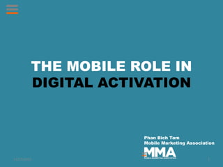 THE MOBILE ROLE IN
DIGITAL ACTIVATION
Phan Bich Tam
Mobile Marketing Association
11/27/2015 1
 