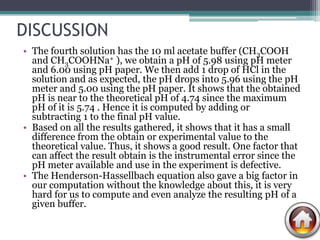 DISCUSSION
• The fourth solution has the 10 ml acetate buffer (CH3COOH
  and CH3COOHNa+ ), we obtain a pH of 5.98 using pH meter
  and 6.00 using pH paper. We then add 1 drop of HCl in the
  solution and as expected, the pH drops into 5.96 using the pH
  meter and 5.00 using the pH paper. It shows that the obtained
  pH is near to the theoretical pH of 4.74 since the maximum
  pH of it is 5.74 . Hence it is computed by adding or
  subtracting 1 to the final pH value.
• Based on all the results gathered, it shows that it has a small
  difference from the obtain or experimental value to the
  theoretical value. Thus, it shows a good result. One factor that
  can affect the result obtain is the instrumental error since the
  pH meter available and use in the experiment is defective.
• The Henderson-Hassellbach equation also gave a big factor in
  our computation without the knowledge about this, it is very
  hard for us to compute and even analyze the resulting pH of a
  given buffer.
 