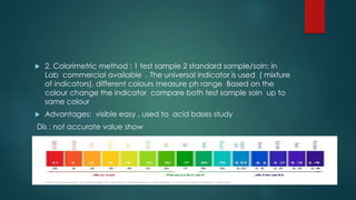  2. Colorimetric method : 1 test sample 2 standard sample/soln: in
Lab commercial available . The universal indicator is used ( mixture
of indicators). different colours measure ph range Based on the
colour change the indicator compare both test sample soln up to
same colour
 Advantages: visible easy , used to acid bases study
Dis : not accurate value show
 