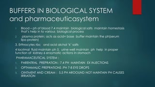 BUFFERS IN BIOLOGICAL SYSTEM
and pharmaceuticasystem
1 Blood – ph of blood 7.4 maintain biological salts maintain homestasis
that’s help in to various biological process
2 plasma protein; acts as acid+ base buffer maintain the ph(serum
lipo protein)
3. Erthrocytes rbc and acid alchol ‘k’ salts
4 lacrimal fluid maintain ph 5. urine well maintain ph help in proper
function of kidney 6 enzymatic actions In stomach
PHARAMACEUTICAL SYSTEM :
1. PARENTRAL PREPRATION : 7.4 PH MAINTAIN EX INJECTIONS
2. OPTHAMALIC PREPRATIONS ;PH 7-8 EYE DROPS
3. OINTMENT AND CREAM ; 5.5 PH AROOUND NOT MAINTAIN PH CAUSES
IRRIATION
 