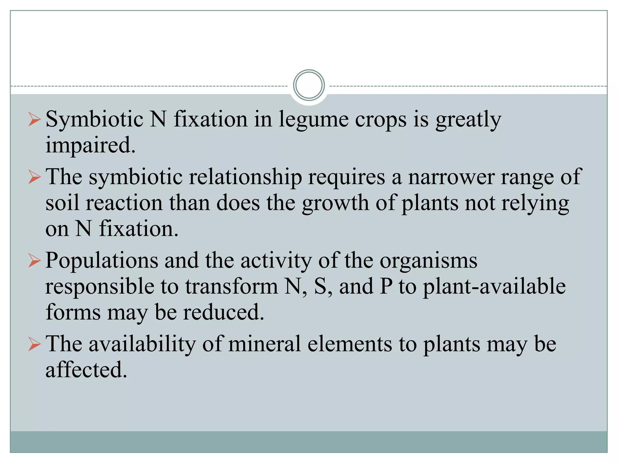  Symbiotic N fixation in legume crops is greatly

impaired.
 The symbiotic relationship requires a narrower range of
soil reaction than does the growth of plants not relying
on N fixation.
 Populations and the activity of the organisms
responsible to transform N, S, and P to plant-available
forms may be reduced.
 The availability of mineral elements to plants may be
affected.

 