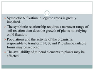  Symbiotic N fixation in legume crops is greatly

impaired.
 The symbiotic relationship requires a narrower range of
soil reaction than does the growth of plants not relying
on N fixation.
 Populations and the activity of the organisms
responsible to transform N, S, and P to plant-available
forms may be reduced.
 The availability of mineral elements to plants may be
affected.

 