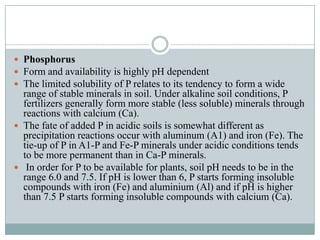  Phosphorus
 Form and availability is highly pH dependent
 The limited solubility of P relates to its tendency to form a wide

range of stable minerals in soil. Under alkaline soil conditions, P
fertilizers generally form more stable (less soluble) minerals through
reactions with calcium (Ca).
 The fate of added P in acidic soils is somewhat different as
precipitation reactions occur with aluminum (A1) and iron (Fe). The
tie-up of P in A1-P and Fe-P minerals under acidic conditions tends
to be more permanent than in Ca-P minerals.
 In order for P to be available for plants, soil pH needs to be in the
range 6.0 and 7.5. If pH is lower than 6, P starts forming insoluble
compounds with iron (Fe) and aluminium (Al) and if pH is higher
than 7.5 P starts forming insoluble compounds with calcium (Ca).

 