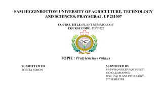 SAM HIGGINBOTTOM UNIVERSITY OF AGRICULTURE, TECHNOLOGY
AND SCIENCES, PRAYAGRAJ, UP 211007
COURSE TITLE: PLANT NEMATOLOGY
COURSE CODE: PLPT-722
TOPIC: Pratylenchus vulnus
SUBMITTED BY
S S P PHANI DEEP PASUPULETI
ID NO: 22MSAPP072
MS.C (Ag) PLANT PATHOLOGY
2ND SEMESTER
SUBMITTED TO
SOBITA SIMON
 