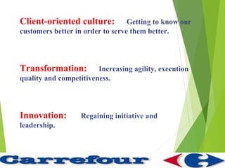 Client-oriented culture:          Getting to know our
customers better in order to serve them better.




Transformation:         Increasing agility, execution
quality and competitiveness.




Innovation:        Regaining initiative and
leadership.
 