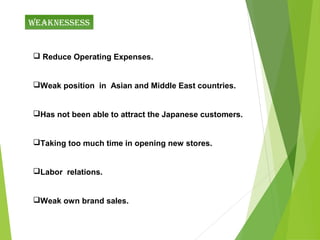 weAKNeSSeSS


 Reduce Operating Expenses.


Weak position in Asian and Middle East countries.


Has not been able to attract the Japanese customers.


Taking too much time in opening new stores.


Labor relations.


Weak own brand sales.
 
