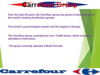 Over the past 50 years, the Carrefour group has grown to become one of
the world’s leading distribution groups.


The world’s second-largest retailer and the largest in Europe.


The Carrefour group currently has over 15,600 stores, either company-
operated or franchises.

The group currently operates 6 Multi Formats
 