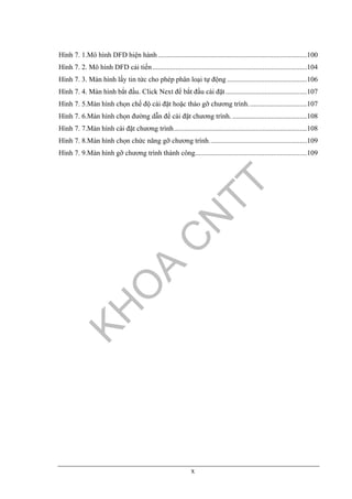 x
Hình 7. 1.Mô hình DFD hiện hành....................................................................................100
Hình 7. 2. Mô hình DFD cải tiến.......................................................................................104
Hình 7. 3. Màn hình lấy tin tức cho phép phân loại tự động .............................................106
Hình 7. 4. Màn hình bắt đầu. Click Next để bắt đầu cài đặt..............................................107
Hình 7. 5.Màn hình chọn chế độ cài đặt hoặc tháo gỡ chương trình.................................107
Hình 7. 6.Màn hình chọn đường dẫn để cài đặt chương trình. ..........................................108
Hình 7. 7.Màn hình cài đặt chương trình...........................................................................108
Hình 7. 8.Màn hình chọn chức năng gỡ chương trình.......................................................109
Hình 7. 9.Màn hình gỡ chương trình thành công...............................................................109
 