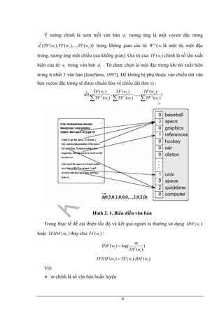9
Ý tưởng chính là xem mỗi văn bản id tương ứng là một vector đặc trưng
( )1 2( ), ( ),..., ( )i nd TF w TF w TF w trong không gian các từ n
W ( iw là một từ, một đặc
trưng, tương ứng một chiều của không gian). Gía trị của ( )iTF w chính là số lần xuất
hiện của từ iw trong văn bản id . Từ được chọn là một đặc trưng khi nó xuất hiện
trong ít nhất 3 văn bản [Joachims, 1997]. Để không bị phụ thuộc vào chiều dài văn
bản vector đặc trưng sẽ được chuẩn hóa về chiều dài đơn vị :
1 2
2 2 2
( )( ) ( )
( , ,..., )
( ) ( ) ( )
n
i i i
TF wTF w TF w
di
TF w TF w TF w∑ ∑ ∑
Hình 2. 1. Biểu diễn văn bản
Trong thực tế để cải thiện tốc độ và kết quả người ta thường sử dụng )( iwIDF
hoặc i(w )TFIDF thay cho ( )iTF w :
( ) log( )
( )
i
i
m
IDF w
DF w
=
( ) ( ). ( )i i iTFIDF w TF w IDF w=
Với
m chính là số văn bản huấn luyện
 