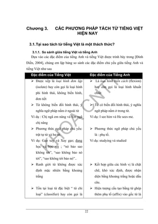 22
Chương 3. CÁC PHƯƠNG PHÁP TÁCH TỪ TIẾNG VIỆT
HIỆN NAY
3.1.Tại sao tách từ tiếng Việt là một thách thức?
3.1.1. So sánh giữa tiếng Việt và tiếng Anh
Dựa vào các đặc điểm của tiếng Anh và tiếng Việt được trình bày trong [Đinh
Điền, 2004], chúng em lập bảng so sánh các đặc điểm chủ yếu giữa tiếng Anh và
tiếng Việt như sau
Đặc điểm của Tiếng Việt Đặc điểm của Tiếng Anh
Được xếp là loại hình đơn lập
(isolate) hay còn gọi là loại hình
phi hình thái, không biến hình,
đơn tiết
Từ không biến đổi hình thái, ý
nghĩa ngữ pháp nằm ở ngoài từ
Ví dụ : Chị ngã em nâng và Em ngã
chị nâng
Phương thức ngữ pháp chủ yếu:
trật tự từ và hư từ.
Ví dụ: Gạo xay và Xay gạo; đang
học và học rồi ; “nó bảo sao
không tới”, “sao không bảo nó
tới”, “sao không tới bảo nó”..
Ranh giới từ không được xác
định mặc nhiên bằng khoảng
trắng
Tồn tại loại từ đặc biệt “ từ chỉ
loại” (classifier) hay còn gọi là
Là loại hình biến cách (flexion)
hay còn gọi là loại hình khuất
chiết
Từ có biến đổi hình thái, ý nghĩa
ngữ pháp nằm ở trong từ.
Ví dụ: I see him và He sees me.
Phương thức ngữ pháp chủ yếu
là : phụ tố.
Ví dụ: studying và studied
Kết hợp giữa các hình vị là chặt
chẽ, khó xác định, được nhận
diện bằng khoảng trắng hoặc dấu
câu.
Hiện tượng cấu tạo bằng từ ghép
thêm phụ tố (affix) vào gốc từ là
 