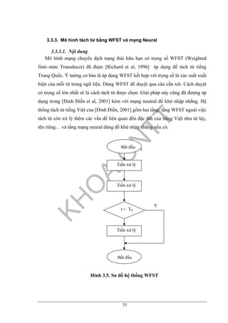 31
3.3.3. Mô hình tách từ bằng WFST và mạng Neural
3.3.3.1. Nội dung
Mô hình mạng chuyển dịch trạng thái hữu hạn có trọng số WFST (Weighted
finit–state Transducer) đã được [Richard et al, 1996] áp dụng để tách từ tiếng
Trung Quốc. Ý tưởng cơ bản là áp dụng WFST kết hợp với trọng số là xác suất xuất
hiện của mỗi từ trong ngữ liệu. Dùng WFST để duyệt qua câu cần xét. Cách duyệt
có trọng số lớn nhất sẽ là cách tách từ được chọn. Giải pháp này cũng đã đượng áp
dụng trong [Đinh Điền et al, 2001] kèm với mạng neutral để khử nhập nhằng. Hệ
thống tách từ tiếng Việt của [Đinh Điền, 2001] gồm hai tầng: tầng WFST ngoài việc
tách từ còn xử lý thêm các vấn đề liên quan đến đặc thù của tiếng Việt như từ láy,
tên riêng… và tầng mạng neural dùng để khử nhập nhằng nếu có.
Hình 3.5. Sơ đồ hệ thống WFST
Bắt đầu
Tiền xử lý
Bắt đầu
Tiền xử lý
Tiền xử lý
t < T0
Y
 
