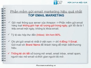 Phần mềm gửi email marketing hiệu quả nhất
TOP EMAIL MARKETING
 Gửi mail thông qua server của Amazon -> Phần mềm gửi email
hàng loạt không giới hạn số lượng gửi trong ngày, gửi tối đa là 1
triệu email một ngày, không bị khóa email.
 Tỷ lệ vào hộp thư đến (Inbox) lớn hơn 90%.
 Chi phí gửi email rẻ nhất ở việt nam -> chỉ 4 đồng /1 Email.
Gửi mail với Brand Name để khách hàng dễ nhận biết thương
hiệu.
Phanmemmarketing.vn
 Thống kê chi tiết số lượng mở email, email inbox, email spam,
người nào mở email và thởi gian người đó mở.
 