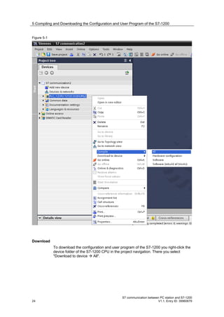 5 Compiling and Downloading the Configuration and User Program of the S7-1200


Figure 5-1




Download
             To download the configuration and user program of the S7-1200 you right-click the
             device folder of the S7-1200 CPU in the project navigation. There you select
             "Download to device  All".




                                                     S7 communication between PC station and S7-1200
24                                                                          V1.1, Entry ID: 39960679
 