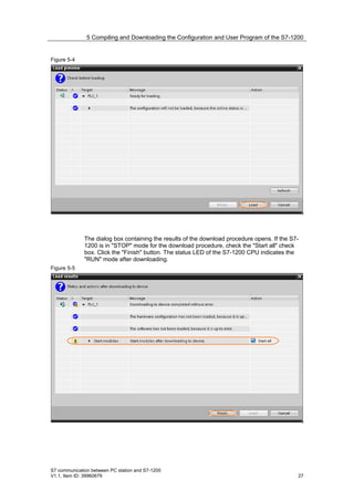 5 Compiling and Downloading the Configuration and User Program of the S7-1200


Figure 5-4




              The dialog box containing the results of the download procedure opens. If the S7-
              1200 is in "STOP" mode for the download procedure, check the "Start all" check
              box. Click the "Finish" button. The status LED of the S7-1200 CPU indicates the
              "RUN" mode after downloading.
Figure 5-5




S7 communication between PC station and S7-1200
V1.1, Item ID: 39960679                                                                       27
 