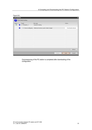 6 Compiling and Downloading the PC Station Configuration


Figure 6-6




              Commissioning of the PC station is completed after downloading of the
              configuration.




S7 communication between PC station and S7-1200
V1.1, Item ID: 39960679                                                                        33
 