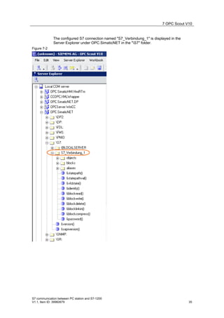 7 OPC Scout V10


              The configured S7 connection named "S7_Verbindung_1" is displayed in the
              Server Explorer under OPC.SimaticNET in the "S7" folder.
Figure 7-2




S7 communication between PC station and S7-1200
V1.1, Item ID: 39960679                                                                  35
 