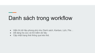 Danh sách trong workflow
● Hiển thị dữ liệu phong phú như Danh sách, Kanban, Lịch, File…
● Dễ dàng tra cứu và tìm kiếm dữ liệu
● Cập nhật trạng thái thông qua kéo thả.
 