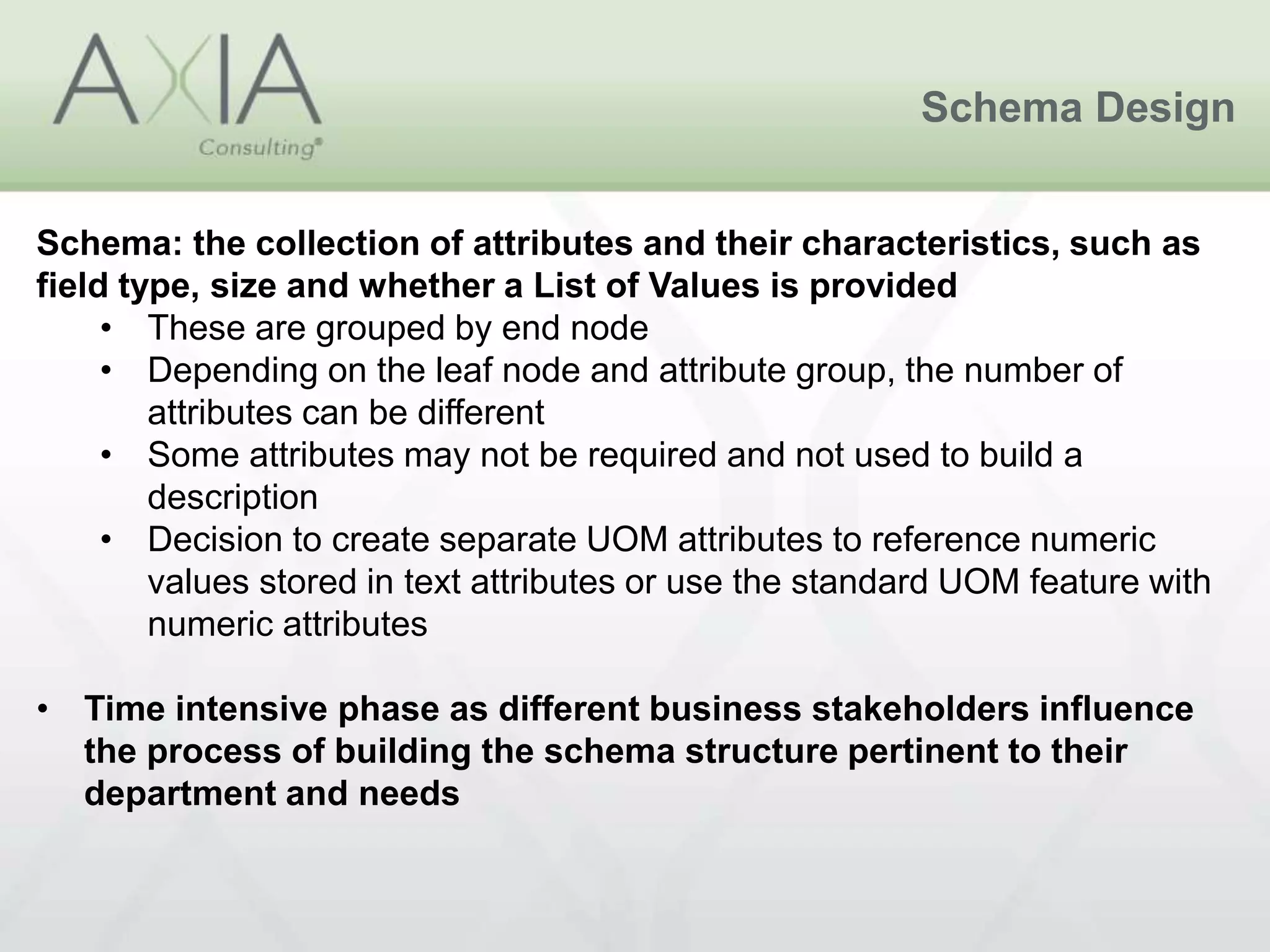 Schema Design
Schema: the collection of attributes and their characteristics, such as
field type, size and whether a List of Values is provided
• These are grouped by end node
• Depending on the leaf node and attribute group, the number of
attributes can be different
• Some attributes may not be required and not used to build a
description
• Decision to create separate UOM attributes to reference numeric
values stored in text attributes or use the standard UOM feature with
numeric attributes
• Time intensive phase as different business stakeholders influence
the process of building the schema structure pertinent to their
department and needs
 