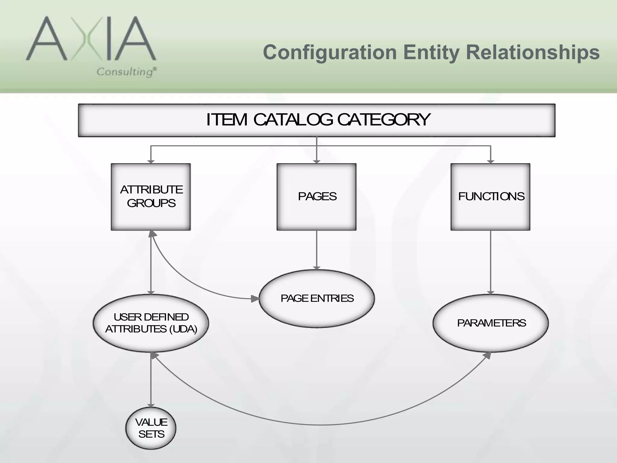 Configuration Entity Relationships
ITEM CATALOG CATEGORY
ATTRIBUTE
GROUPS
PAGES
USERDEFINED
ATTRIBUTES (UDA)
PAGEENTRIES
FUNCTIONS
PARAMETERS
VALUE
SETS
 