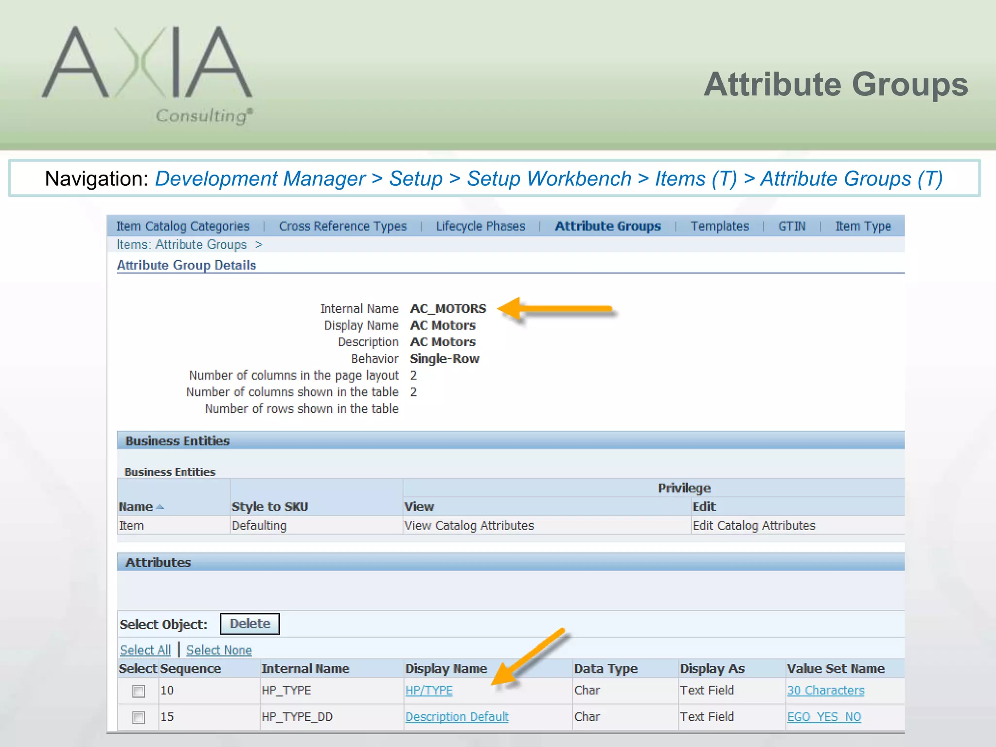 Attribute Groups
Navigation: Development Manager > Setup > Setup Workbench > Items (T) > Attribute Groups (T)
 