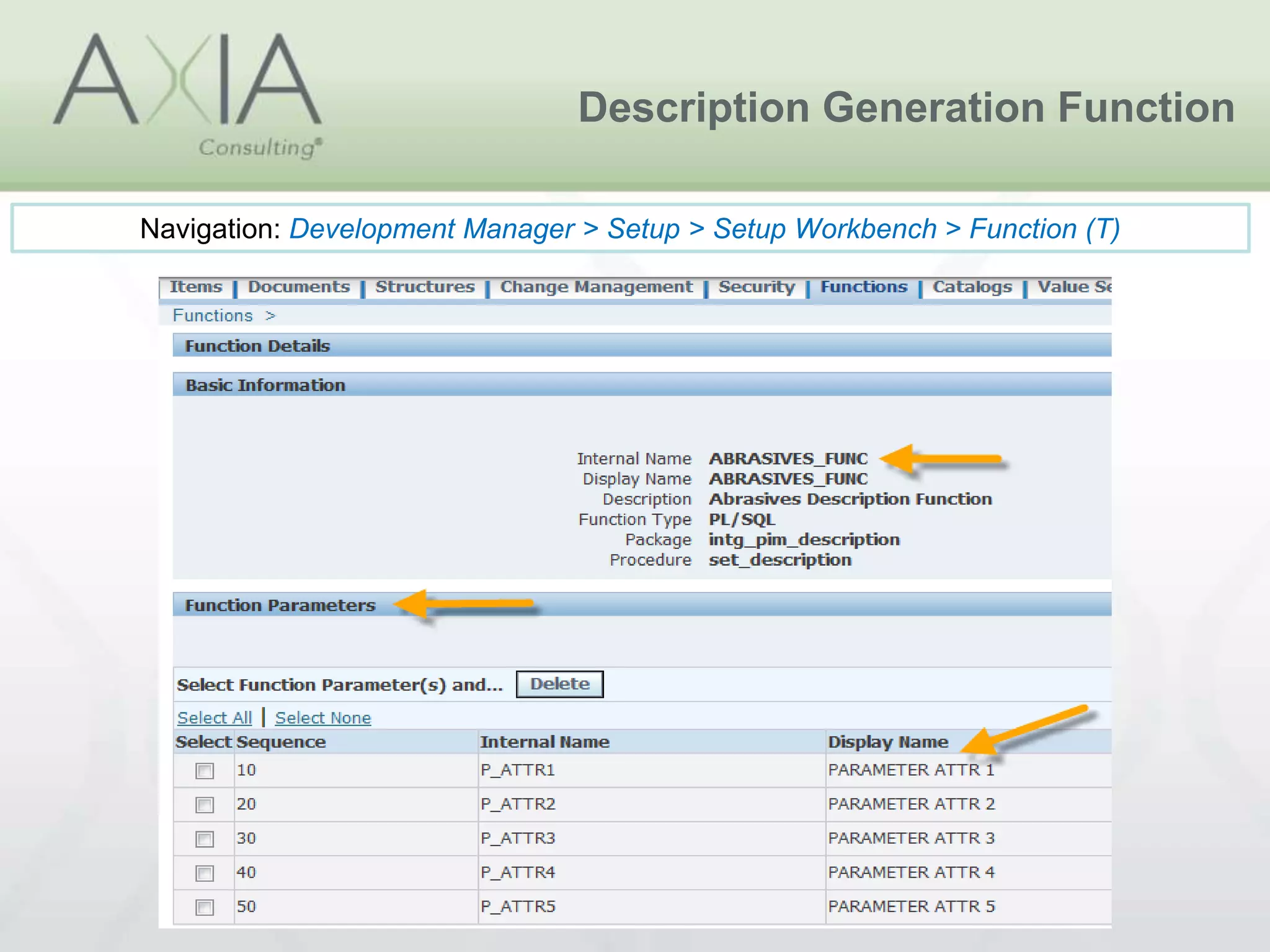 Description Generation Function
Navigation: Development Manager > Setup > Setup Workbench > Function (T)
 