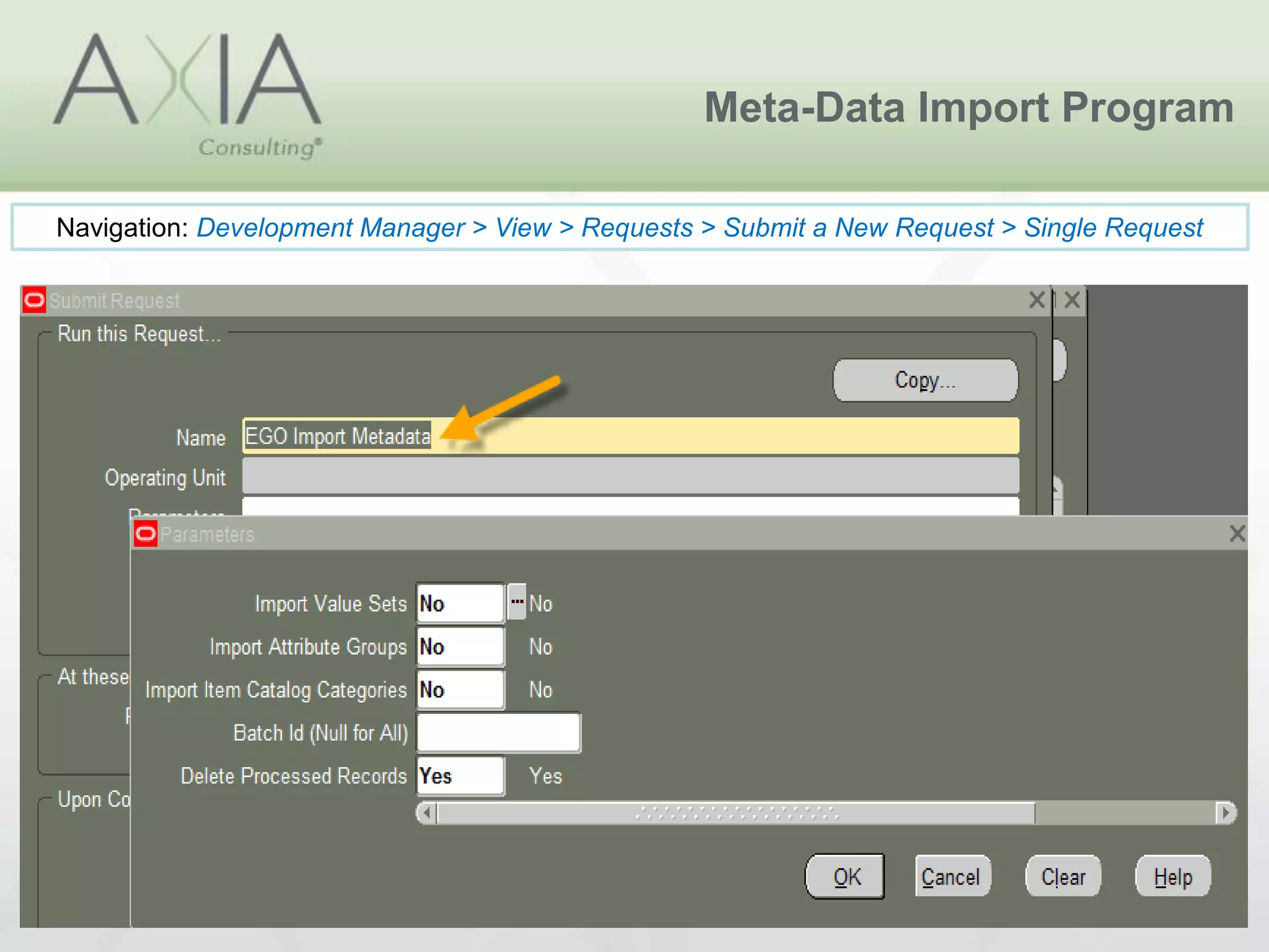Meta-Data Import Program
Navigation: Development Manager > View > Requests > Submit a New Request > Single Request
 