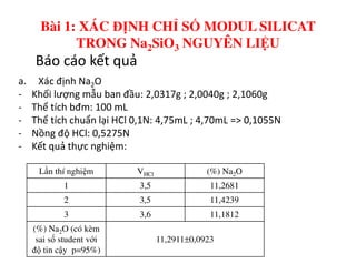 Báo cáo kết quả
a. Xác định Na2O
- Khối lượng mẫu ban đầu: 2,0317g ; 2,0040g ; 2,1060g
- Thể tích bđm: 100 mL
- Thể tích chuẩn lại HCl 0,1N: 4,75mL ; 4,70mL => 0,1055N
- Nồng độ HCl: 0,5275N
Bài 1: XÁC ĐỊNH CHỈ SỐ MODUL SILICAT
TRONG Na2SiO3 NGUYÊN LIỆU
- Nồng độ HCl: 0,5275N
- Kết quả thực nghiệm:
Lần thí nghiệm VHCl (%) Na2O
1 3,5 11,2681
2 3,5 11,4239
3 3,6 11,1812
(%) Na2O (có kèm
sai số student với
độ tin cậy p=95%)
11,2911±0,0923
 