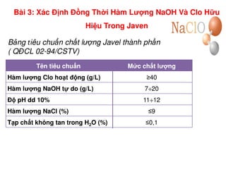 Tên tiêu chu n M c ch t lư ng
Hàm lư ng Clo ho t đ ng (g/L) ≥40
Hàm lư ng NaOH t do (g/L) 7÷20
B ng tiêu chu n ch t lư ng Javel thành ph n
( QĐCL 02-94/CSTV)
Bài 3: Xác Đ nh Đ ng Th i Hàm Lư ng NaOH Và Clo H u
Hi u Trong Javen
Hàm lư ng NaOH t do (g/L) 7÷20
Đ pH dd 10% 11÷12
Hàm lư ng NaCl (%) ≤9
T p ch t không tan trong H2O (%) ≤0,1
 
