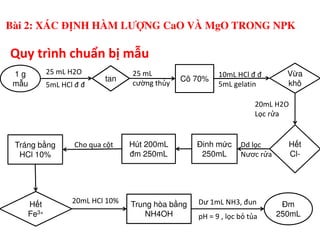 1 g
m u
tan Cô 70%
V a
khô
25 mL H2O
5mL HCl đ đ
25 mL
cường thủy
10mL HCl đ đ
5mL gelatin
20mL H2O
Lọc rửa
Quy trình chuẩn bị mẫu
Bài 2: XÁC ĐỊNH HÀM LƯỢNG CaO VÀ MgO TRONG NPK
H t
Cl-
Đinh m c
250mL
Hút 200mL
đm 250mL
Dd lọc
Nươc rửa
Tráng b ng
HCl 10%
Cho qua cột
H t
Fe3+
Trung hòa b ng
NH4OH
Đm
250mL
20mL HCl 10% Dư 1mL NH3, đun
pH = 9 , lọc bỏ tủa
 