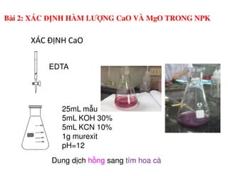 XÁC ĐỊNH CaO
EDTA
Bài 2: XÁC ĐỊNH HÀM LƯỢNG CaO VÀ MgO TRONG NPK
25mL m u
5mL KOH 30%
5mL KCN 10%
1g murexit
pH=12
Dung d ch h ng sang tím hoa cà
 