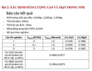 Báo cáo kết quả
- Khối lượng mẫu ban đầu: 2,0146g ; 2,0052g ; 1,9208g
- Thể tích bđm: 250mL
- Thể tích xác định : 20mL
- Nồng động dung dịch EDTA: 0,01M
- Kết quả thực nghiệm:
Bài 2: XÁC ĐỊNH HÀM LƯỢNG CaO VÀ MgO TRONG NPK
L n thí nghi m VEDTA (ETOO) VEDTA (Murexit) (%) CaO (%) MgO
1 2 1,2 0,4169 0,1986
2 2,1 1,3 0,4538 0,1995
3 2 1,3 0,4738 0,1822
(%) CaO (có kèm
sai s student v i
đ tin c y p=95%)
0,4482±0,0217
(%) MgO (có kèm
sai s student v i
đ tin c y p=95%)
0,1934±0,0073
 