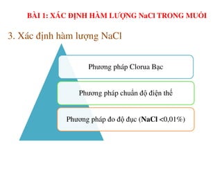 3. Xác định hàm lượng NaCl
Phương pháp Clorua Bạc
BÀI 1: XÁC ĐỊNH HÀM LƯỢNG NaCl TRONG MUỐI
Phương pháp chuẩn độ điện thế
Phương pháp đo độ đục (NaCl <0,01%)
 