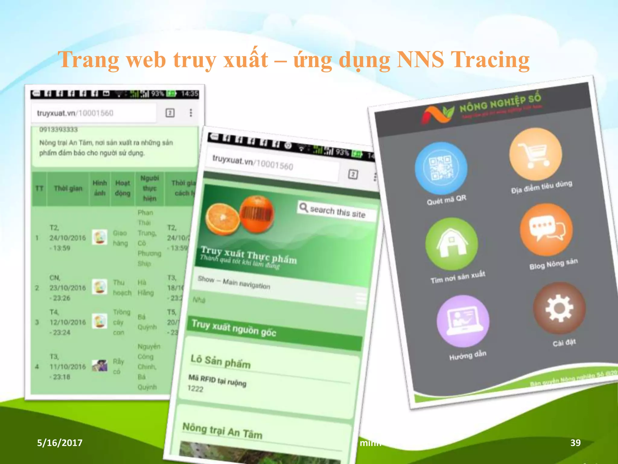 Trang web truy xuất – ứng dụng NNS Tracing
5/16/2017 Hội thảo Nông nghiệp thông minh 39
 