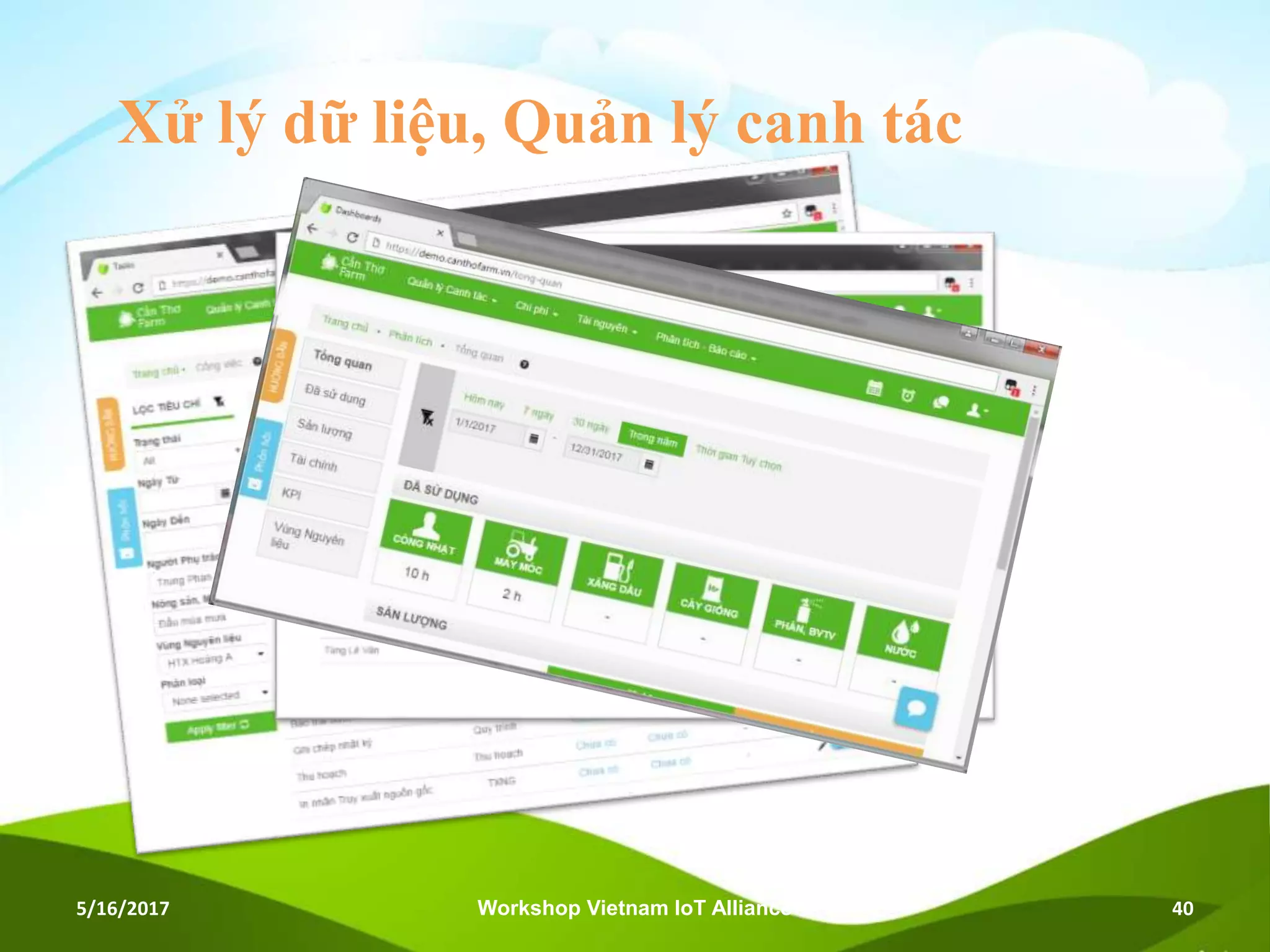 Xử lý dữ liệu, Quản lý canh tác
5/16/2017 Workshop Vietnam IoT Alliance 40
 