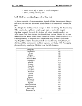 Bùi Xuân Vững Hóa Phân tích công cụ
108
 Thuốc trừ sâu, diệt cỏ, phenol và các dẫn xuất phenol…
 Thuốc, chất độc, cồn trong máu…
8.5.2. Sắc kí hấp phụ hiệu năng cao (sắc kí lỏng –rắn)
Là phương pháp phát triển sớm nhất và được dùng rất phổ biến. Trong phương pháp này,
chất tan bị giữ trên bề mặt pha tĩnh tức là chất hấp phụ và bị dung môi đẩy ra (phản hấp
phụ)
Pha tĩnh: pha tĩnh là những bột mịn, silicagen và nhôm oxit là những chất được ưa dùng.
Ở đây các chất càng bị phân cực càng bị lưu giữ mạnh và ra chậm khi rửa giải.
Pha động: bảng dưới cho ta một dãy các dung môi với sức rửa giải tăng dần từ trên
xuống (thông số sức dung môi tăng dần). Dãy này được xếp theo khả năng đẩy các chất
ra khỏi nhôm oxit. Nhưng với silicagen ta cũng có dãy tương tự. Muốn có dung môi có vị
trí trung gian không có trong bảng thì ta dùng hỗn hợp dung môi theo tỉ lệ thích hợp.
Ứng dụng: Sắc kí hấp thụ được dùng nhiều để tách các chất tương đối ít phân cực, các
chất hữu cơ không tan trong nước có phân tử lượng nhỏ hơn khoảng 5000. Phương pháp
này mạnh hơn hẳn các phương pháp khác trong việc tách đồng phân.
Dung môi εo
Ete dầu hỏa
Hexan
Heptan
Xiclohecxan
Tetraclocacbon
Ete propylic
Toluene
Benzene
Ete etylic
Clorofom
Clometylen
Dicloetan
Aceton
dioxan
Butanol
Etyl acetat
Acetonitril
Pyridin
Dimetylsunfoxit
Rượu isopropylic
Rượu etylic
Rượu metylic
0.01
0.01
0.01
0.04
0.18
0.28
0.29
0.32
0.38
0.40
0.42
0.49
0.56
0.56
0.56
0.58
0.65
0.71
0.75
0.82
0.88
0.95
 