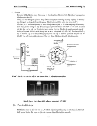 Bùi Xuân Vững Hóa Phân tích công cụ
12
c. Detetor
Detector là bộ phận thu nhận chùm sáng và chuyển chúng thành tín hiệu điện để đo lượng cường
độ của chùm sáng đó.
Trong các máy đơn giản người ta dùng tế bào quang điện còn trong các máy hiện đại có độ nhạy
cao thì người ta dùng các ống nhân quang điện (photomultiflier tube) như trong hình 7.
Cấu tạo của cả hai loại này tương tự nhau nhưng electron phát ra từ catot trong ống nhân quang
điện được gia tốc hướng về một dynode được duy trì một thế cao hơn 90 V so với catot. Electron
này khi đập vào bề mặt của dynode thì tạo ra những electron thứ cấp và sau đó được gia tốc để
hướng về dynode thứ hai có thế dương hơn 90 V so với dynode thứ nhất. Một lần nữa sự khuếch
đại số electron xảy ra và khi qua hàng loạt dynode liên tiếp số electron tạo thành tăng lên đến 106
đến 107
cho mỗi photon đập vào catot. Như vậy dòng điện được khuếch đại và được đo.
Hình 7: Sơ đồ cấu tạo của một tế bào quang điện và một photomultiplier
Hình 8: Cuvet chứa dung dịch mẫu đo trong máy UV-VIS
1.4. Phân tích định lượng
Phổ hấp thụ phân tử dựa trên bức xạ UV-VIS là một trong những công cụ hữu hiệu để phân tích
định lượng. Những đặc trưng cơ bản của phương pháp phân tích đo quang là:
 